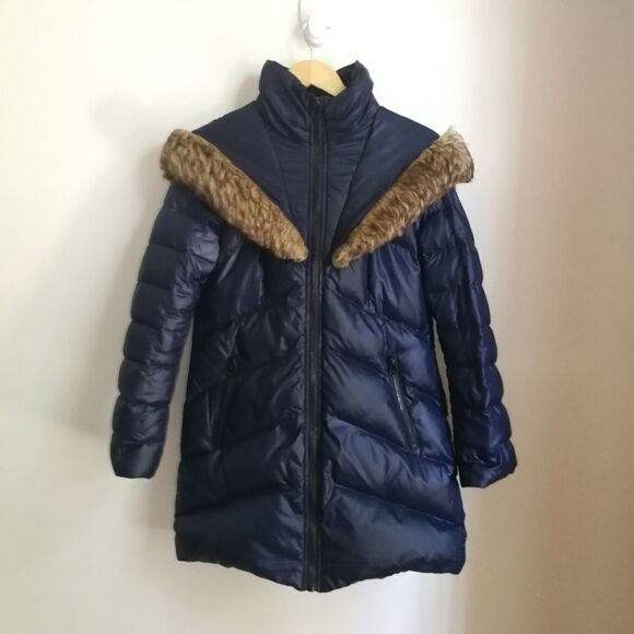 KENSIE Dark Blue Down Large Faux Fur Hooded Puffer Winter Coat Size Medium - Picture 2 of 15
